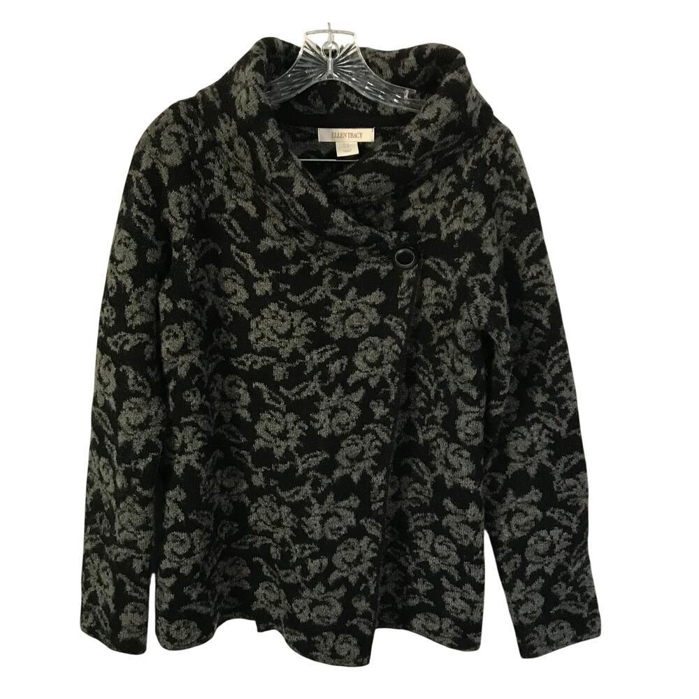 Ellen Tracy Sweater Top Medium Womens Wool Blend Long Sleeve Floral Gray Button
